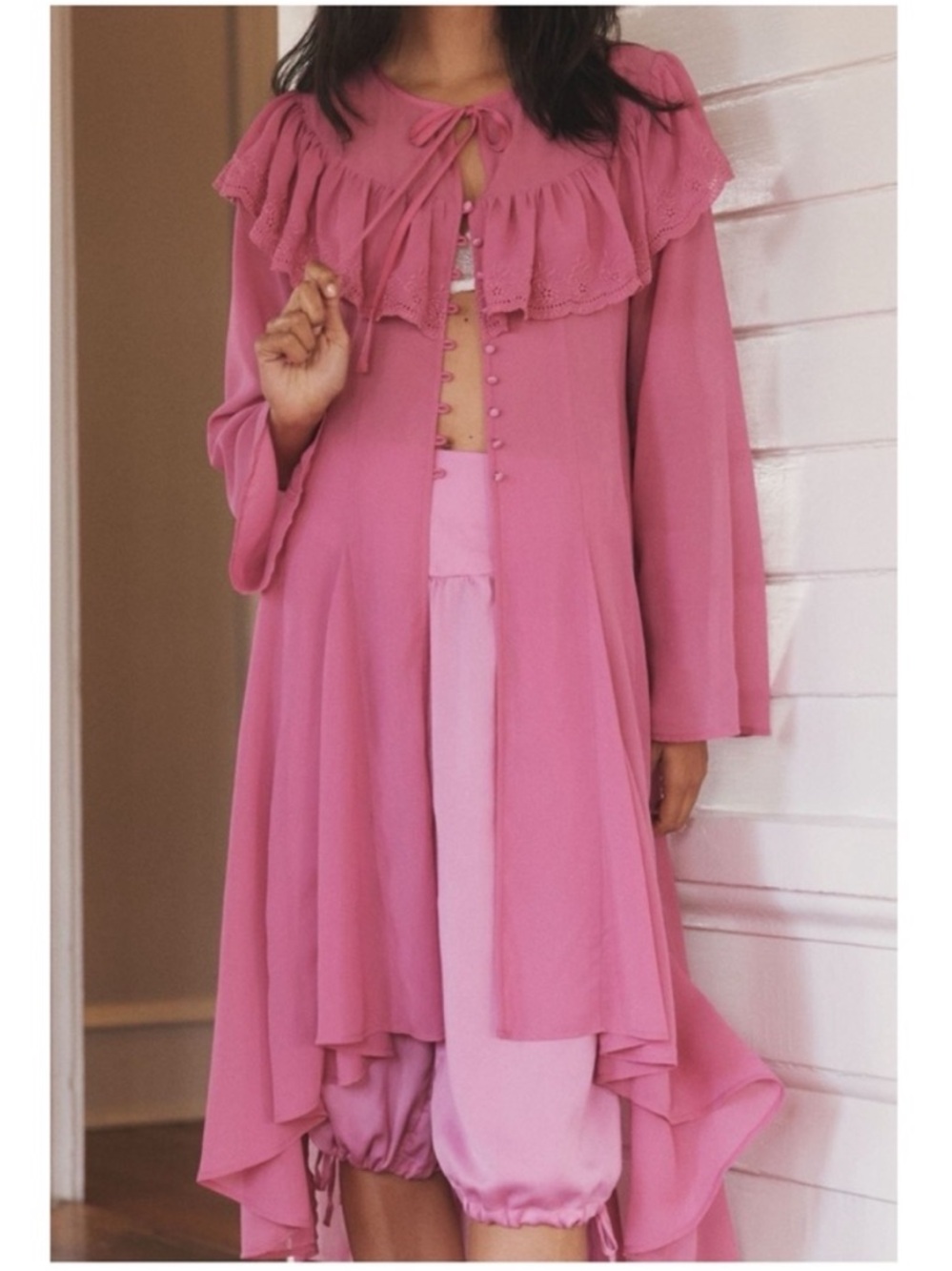 Anthropologie LyreBird Pink Ruffle Chiffon Cape Housecoat Size M NEW